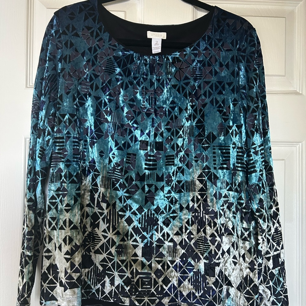 Chico's Teal, Black, Navy Blue lined Blouse. Soft velvety fabric